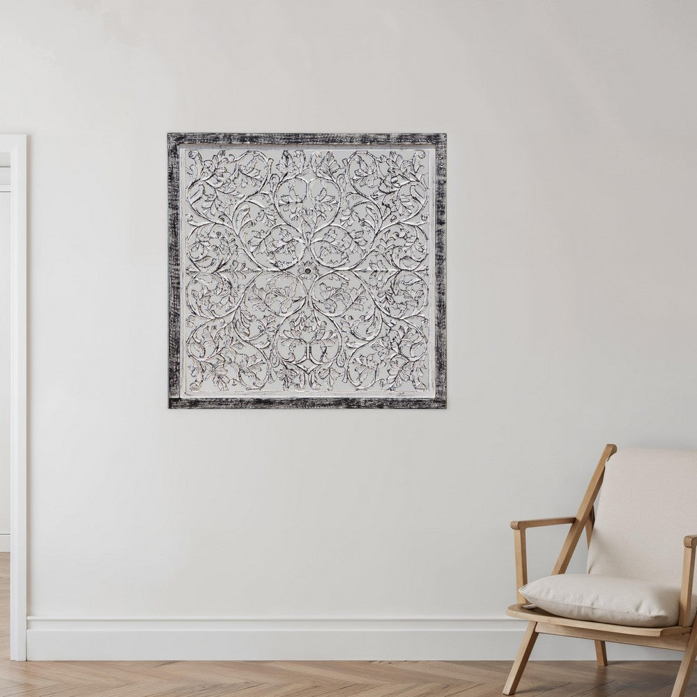 Ozy Carved Mango Wood Wall Decor| 36 Inch Square I Handcrafted Distressed Black & White  - UPT-330434