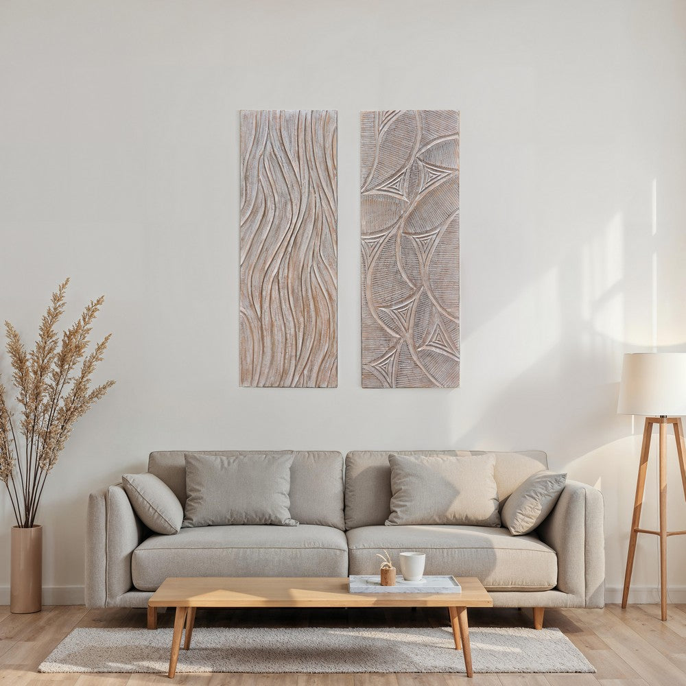 2pc Ocean Wave Wood Wall Art Panels | 16x48 Inch Abstract and Wave Pattern Decor| Gray - UPT-330435