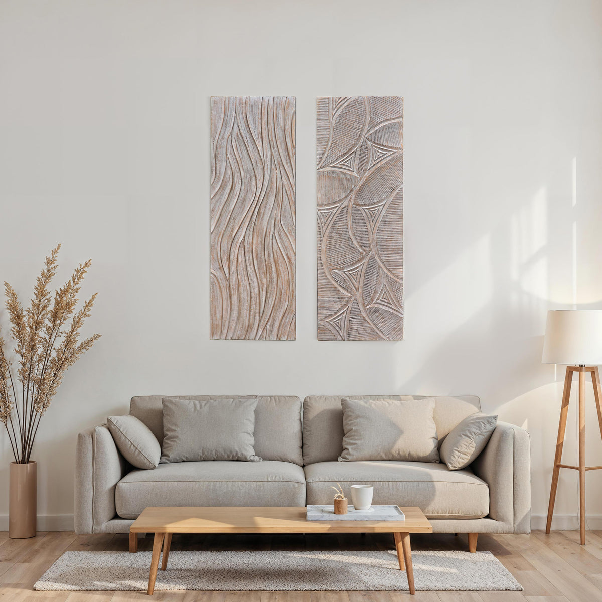 2pc Ocean Wave Wood Wall Art Panels | 16x48 Inch Abstract and Wave Pattern Decor| Gray - UPT-330435