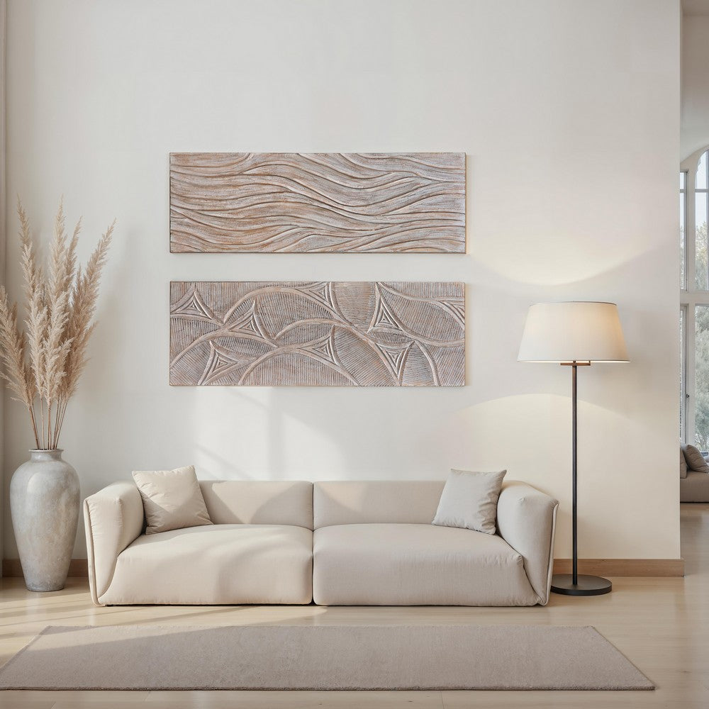 2pc Ocean Wave Wood Wall Art Panels | 16x48 Inch Abstract and Wave Pattern Decor| Gray - UPT-330435