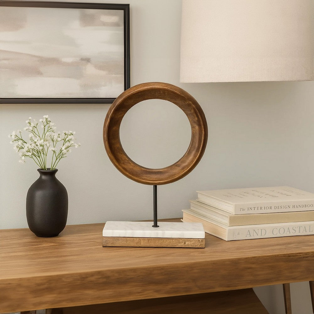 Focus Tabletop Sculpture | Brown Mango Wood Ring Design | | Black Iron Stem and Marble Base - UPT-330436