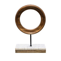 Focus Tabletop Sculpture | Brown Mango Wood Ring Design | | Black Iron Stem and Marble Base - UPT-330436