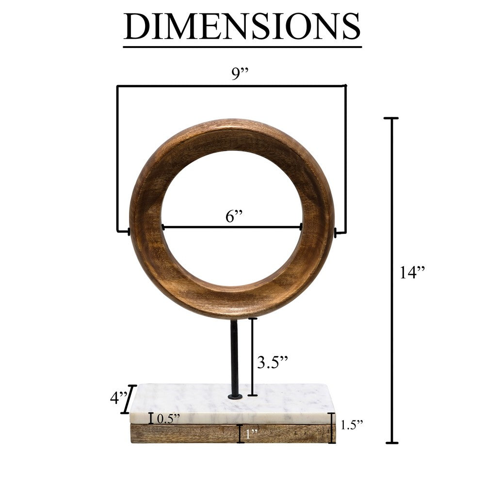 Focus Tabletop Sculpture | Brown Mango Wood Ring Design | | Black Iron Stem and Marble Base - UPT-330436