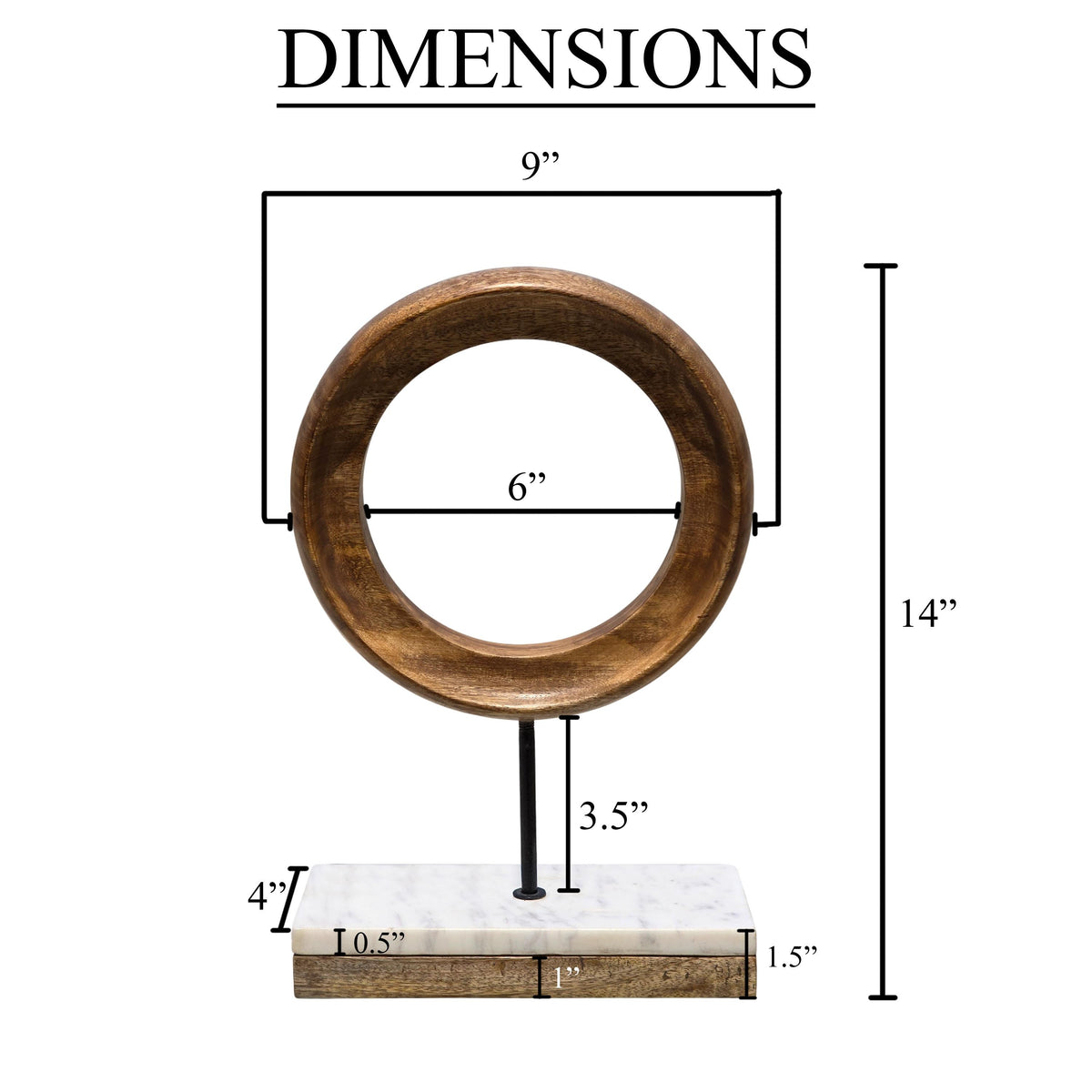 Focus Tabletop Sculpture | Brown Mango Wood Ring Design | | Black Iron Stem and Marble Base - UPT-330436