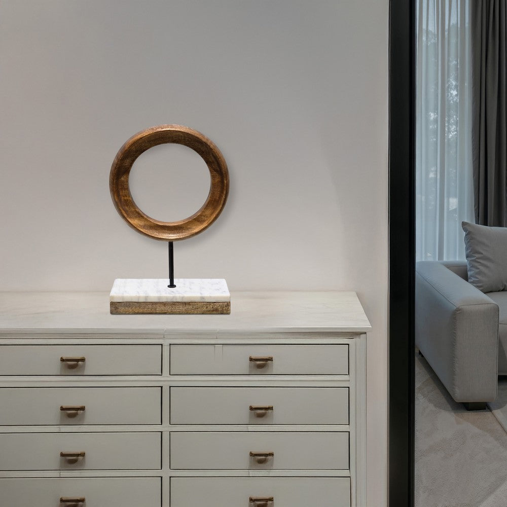 Focus Tabletop Sculpture | Brown Mango Wood Ring Design | | Black Iron Stem and Marble Base - UPT-330436