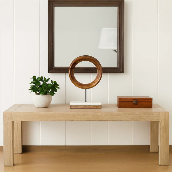 Focus Tabletop Sculpture | Brown Mango Wood Ring Design | | Black Iron Stem and Marble Base - UPT-330436