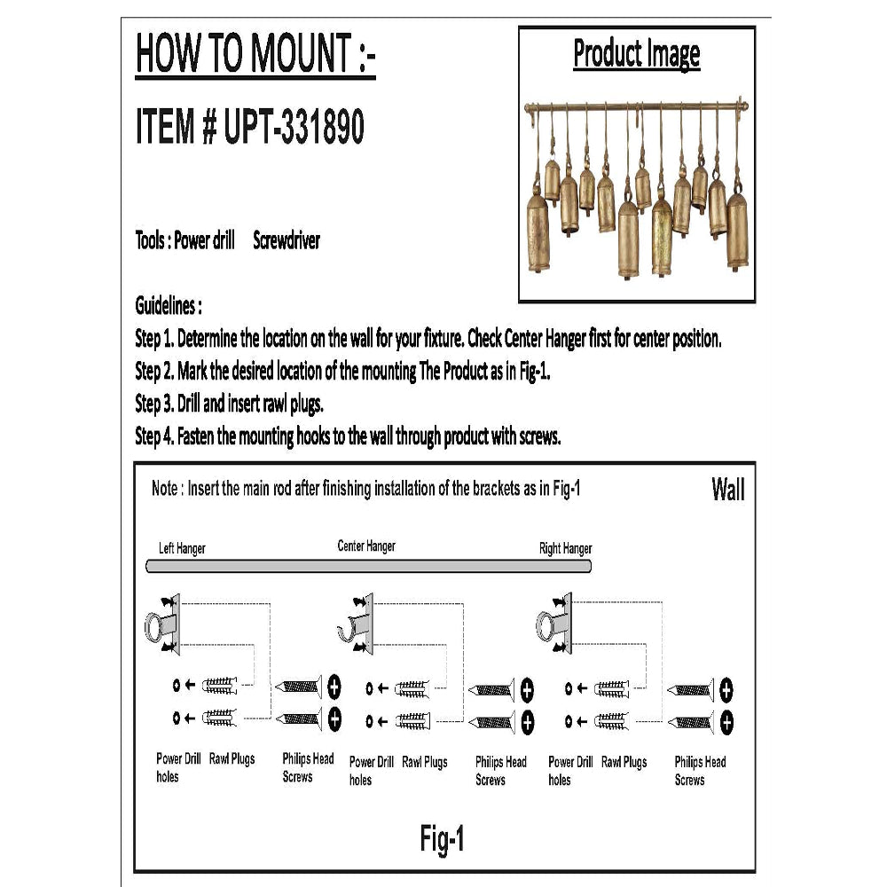 Neyra Iron Cow Bells Wall Decor 48 Inch Wide Decorative, Antique Gold Finish, Jute Hanging Rope- UPT-331890