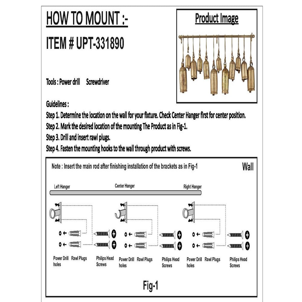 Neyra Iron Cow Bells Wall Decor 48 Inch Wide Decorative, Antique Gold Finish, Jute Hanging Rope - UPT-331890