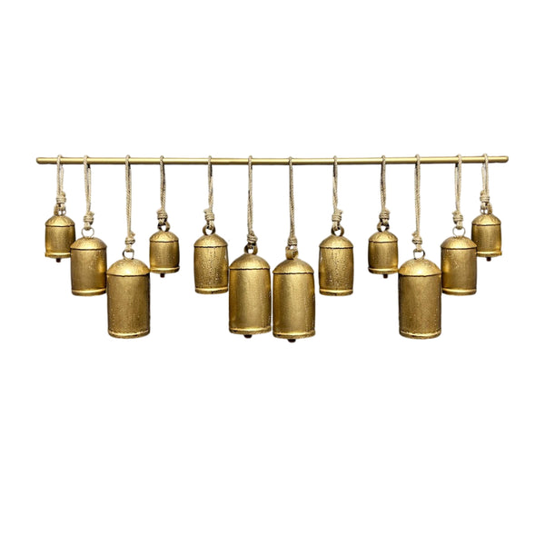 Neyra Iron Cowbells Wall Decor 48 Inch Wide Decorative, Antique Gold Finish, Jute Hanging Rope - UPT-331890