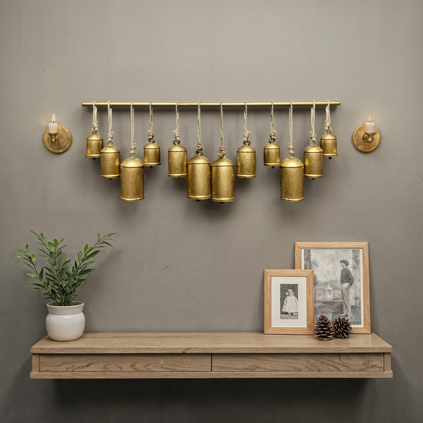 Neyra Iron Cowbells Wall Decor 48 Inch Wide Decorative, Antique Gold Finish, Jute Hanging Rope - UPT-331890