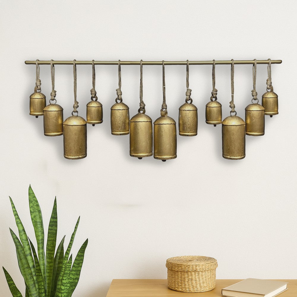 Neyra Iron Cow Bells Wall Decor 48 Inch Wide Decorative, Antique Gold Finish, Jute Hanging Rope- UPT-331890