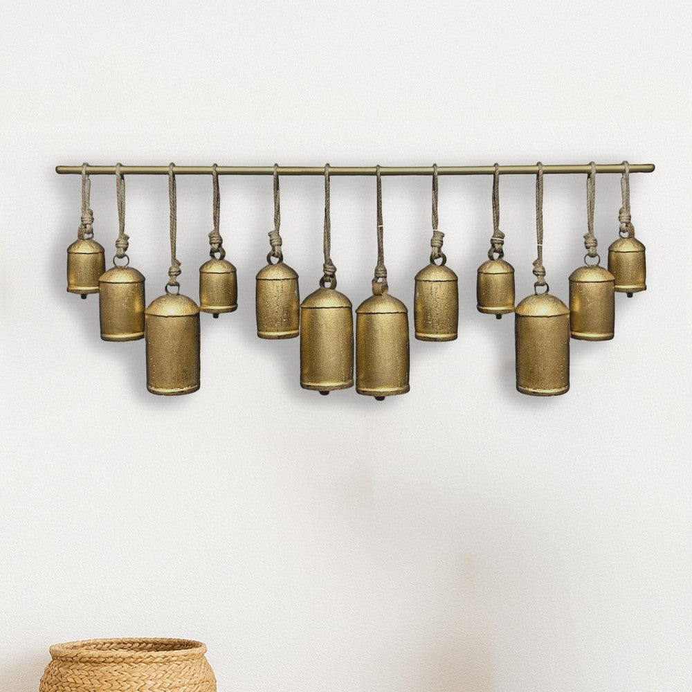 Neyra Iron Cow Bells Wall Decor 48 Inch Wide Decorative, Antique Gold Finish, Jute Hanging Rope- UPT-331890