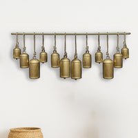 Neyra Iron Cow Bells Wall Decor 48 Inch Wide Decorative, Antique Gold Finish, Jute Hanging Rope - UPT-331890