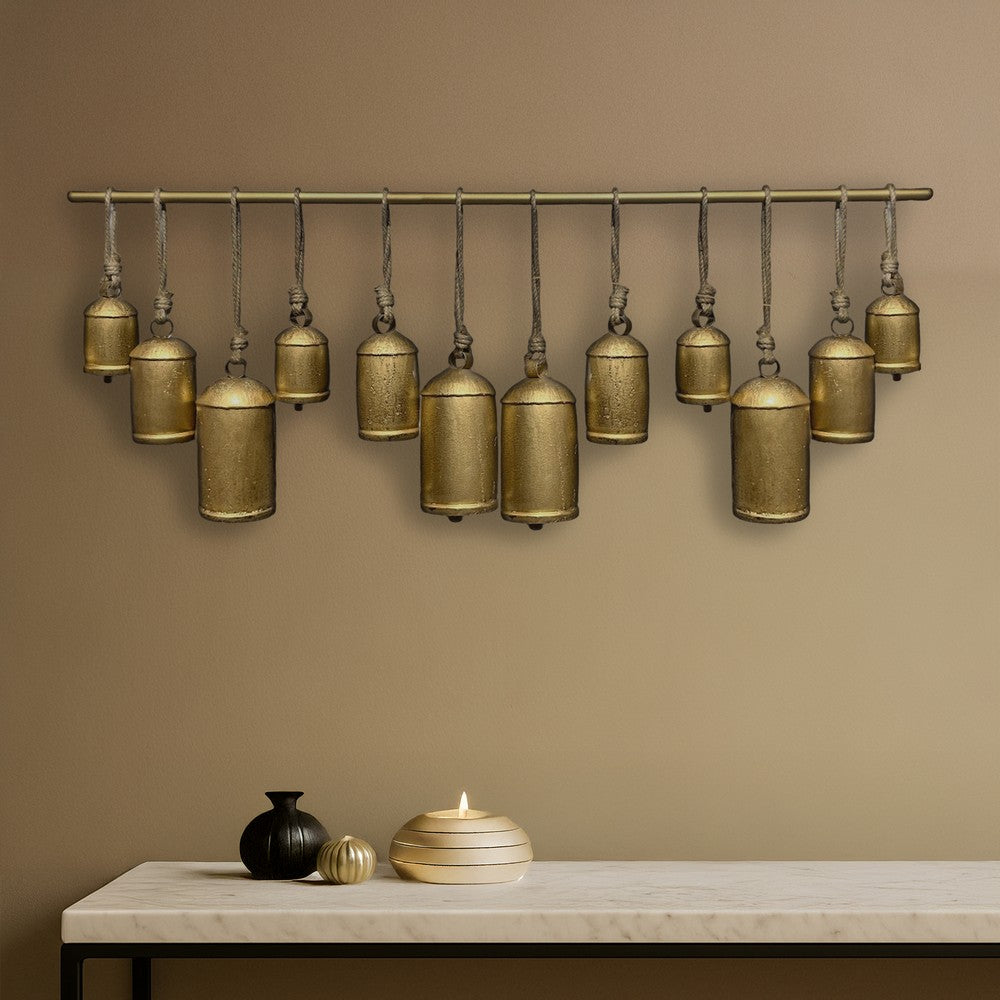 Neyra Iron Cow Bells Wall Decor 48 Inch Wide Decorative, Antique Gold Finish, Jute Hanging Rope- UPT-331890