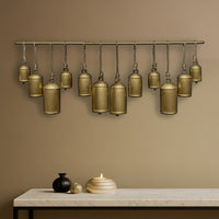 Neyra Iron Cow Bells Wall Decor 48 Inch Wide Decorative, Antique Gold Finish, Jute Hanging Rope- UPT-331890