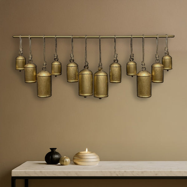 Neyra Iron Cow Bells Wall Decor 48 Inch Wide Decorative, Antique Gold Finish, Jute Hanging Rope - UPT-331890