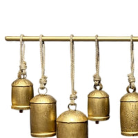Neyra Iron Cow Bells Wall Decor 48 Inch Wide Decorative, Antique Gold Finish, Jute Hanging Rope- UPT-331890