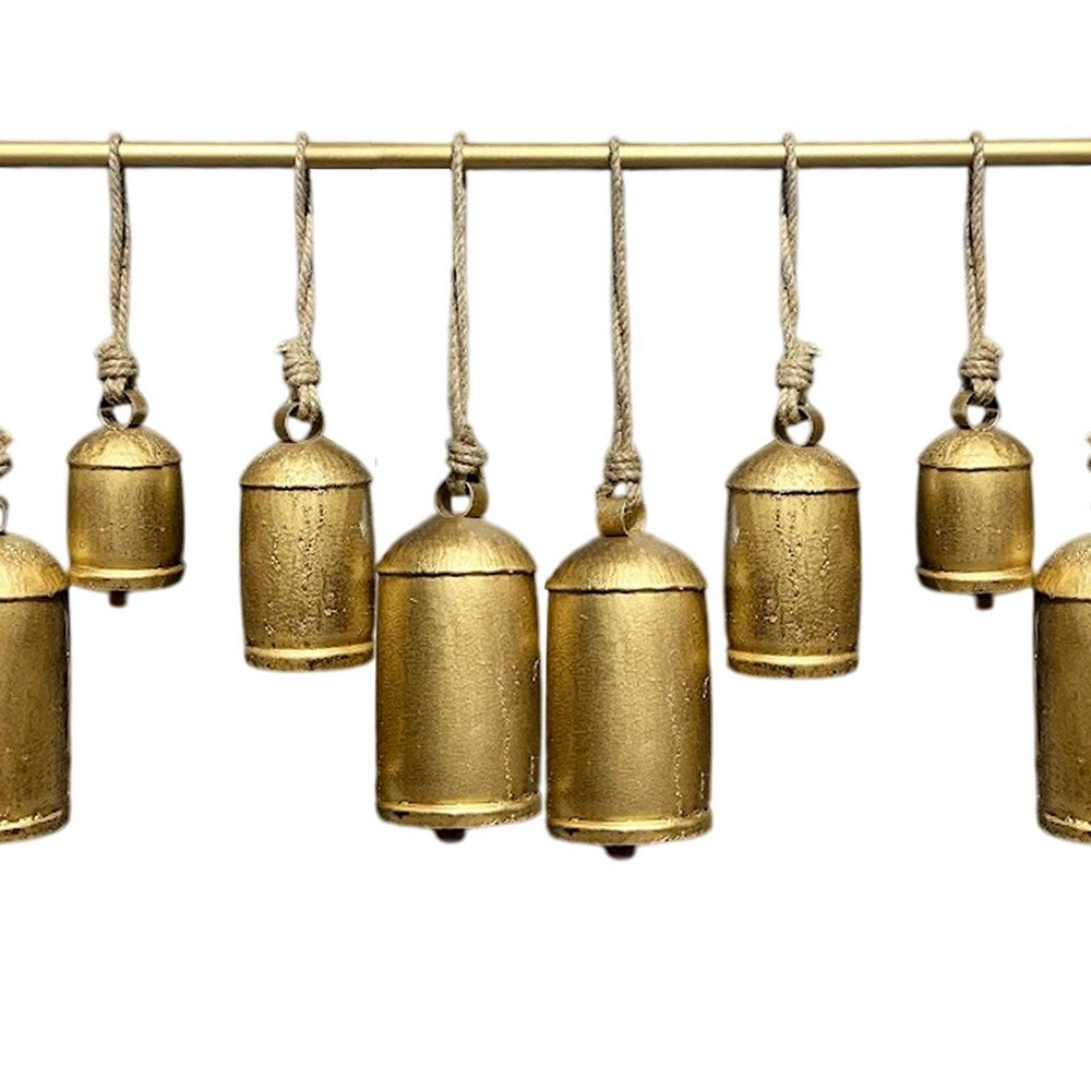 Neyra Iron Cowbells Wall Decor 48 Inch Wide Decorative, Antique Gold Finish, Jute Hanging Rope - UPT-331890
