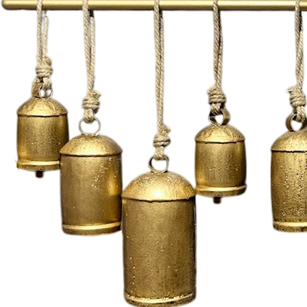 Neyra Iron Cow Bells Wall Decor 48 Inch Wide Decorative, Antique Gold Finish, Jute Hanging Rope- UPT-331890
