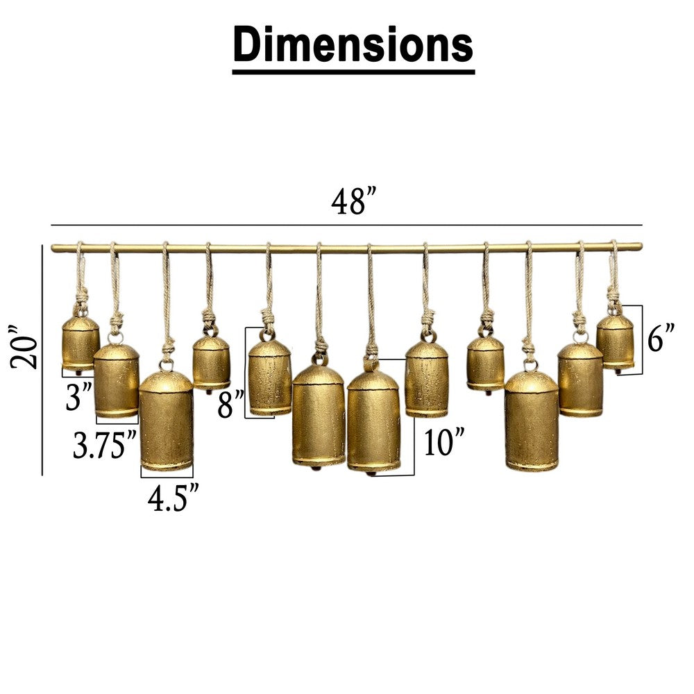 Neyra Iron Cowbells Wall Decor 48 Inch Wide Decorative, Antique Gold Finish, Jute Hanging Rope - UPT-331890