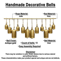 Neyra Iron Cow Bells Wall Decor 48 Inch Wide Decorative, Antique Gold Finish, Jute Hanging Rope - UPT-331890