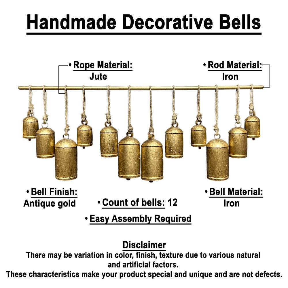 Neyra Iron Cow Bells Wall Decor 48 Inch Wide Decorative, Antique Gold Finish, Jute Hanging Rope- UPT-331890