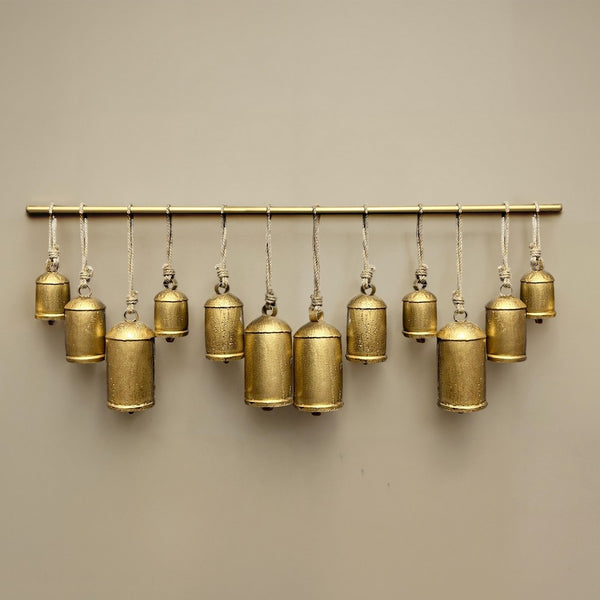Neyra Iron Cowbells Wall Decor 48 Inch Wide Decorative, Antique Gold Finish, Jute Hanging Rope - UPT-331890