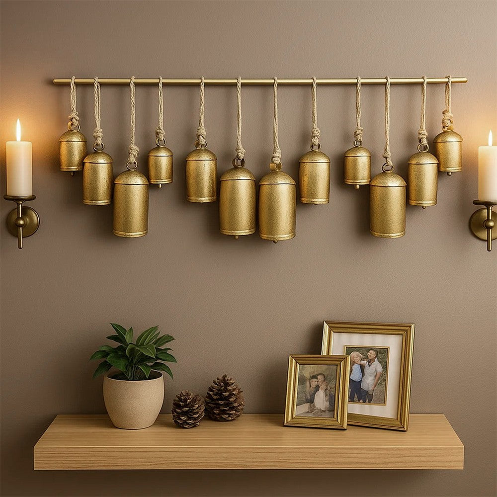 Neyra Iron Cow Bells Wall Decor 48 Inch Wide Decorative, Antique Gold Finish, Jute Hanging Rope- UPT-331890