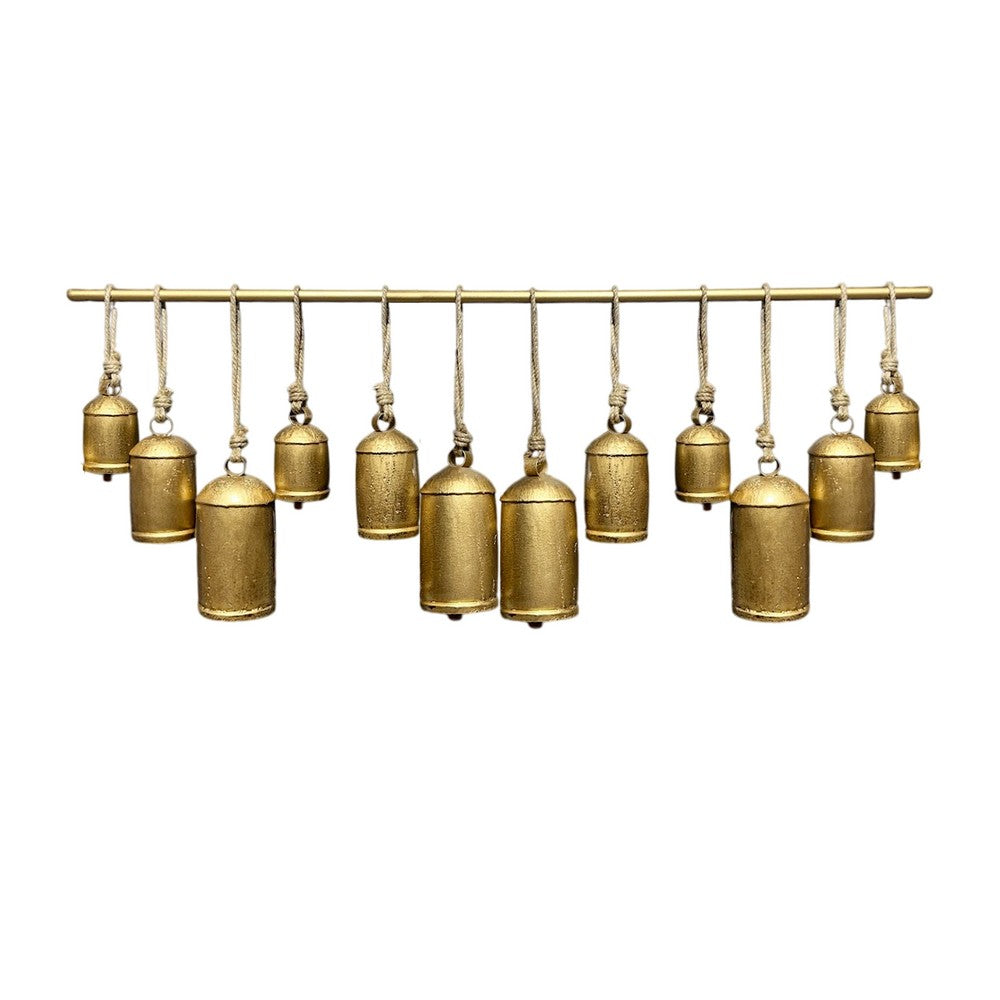 Neyra Iron Cow Bells Wall Decor 48 Inch Wide Decorative, Antique Gold Finish, Jute Hanging Rope- UPT-331890