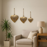 Myri Decorative Metal Heart Wall Decor Set of 3, Antique Gold Iron with Jute Hanging Rope, 12, 9.5, 7 Inches - UPT-331891