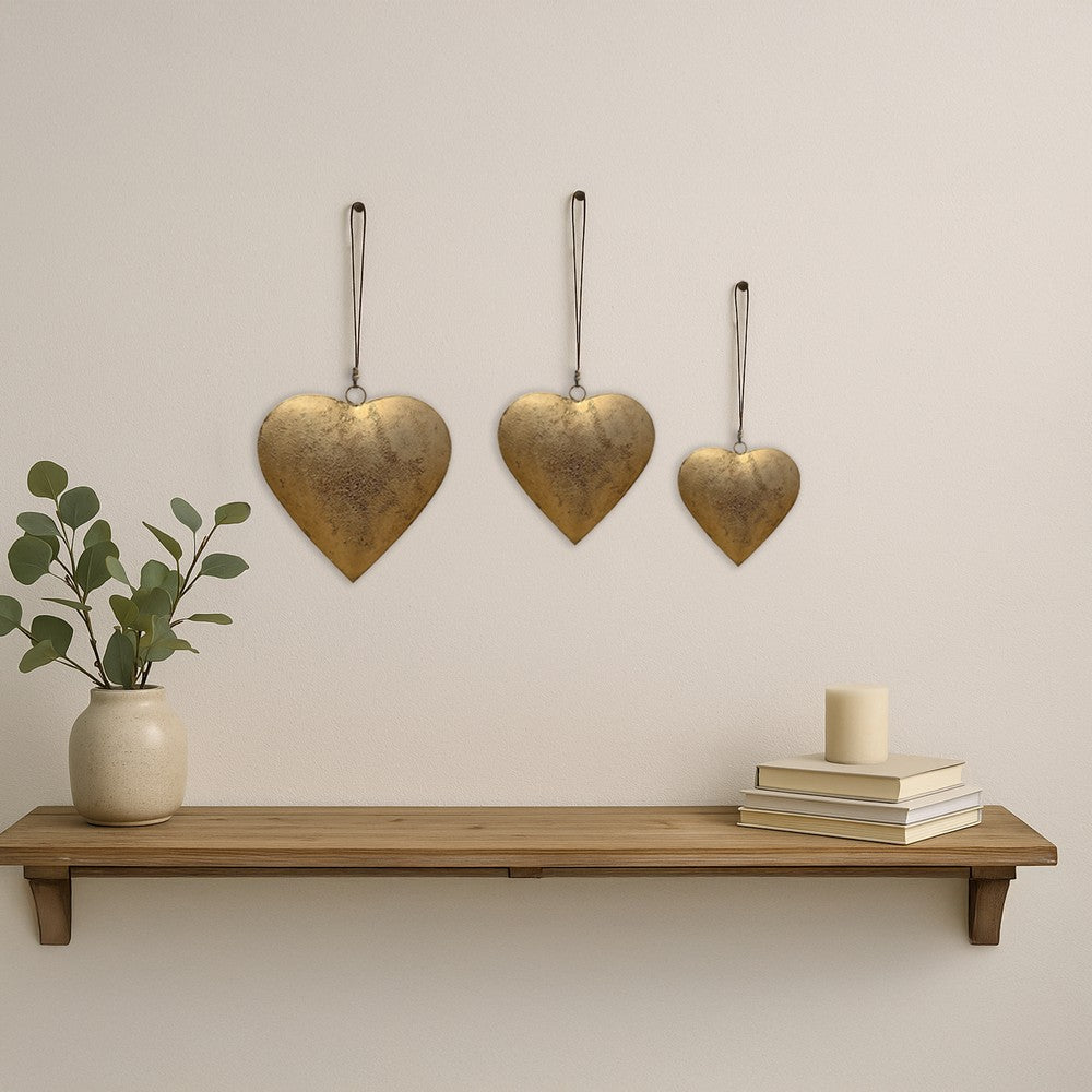 Myri Decorative Metal Heart Wall Decor Set of 3, Antique Gold Iron with Jute Hanging Rope, 12, 9.5, 7 Inches - UPT-331891