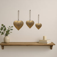 Myri Decorative Metal Heart Wall Decor Set of 3, Antique Gold Iron with Jute Hanging Rope, 12, 9.5, 7 Inches - UPT-331891