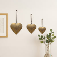 Myri Decorative Metal Heart Wall Decor Set of 3, Antique Gold Iron with Jute Hanging Rope, 12, 9.5, 7 Inches - UPT-331891