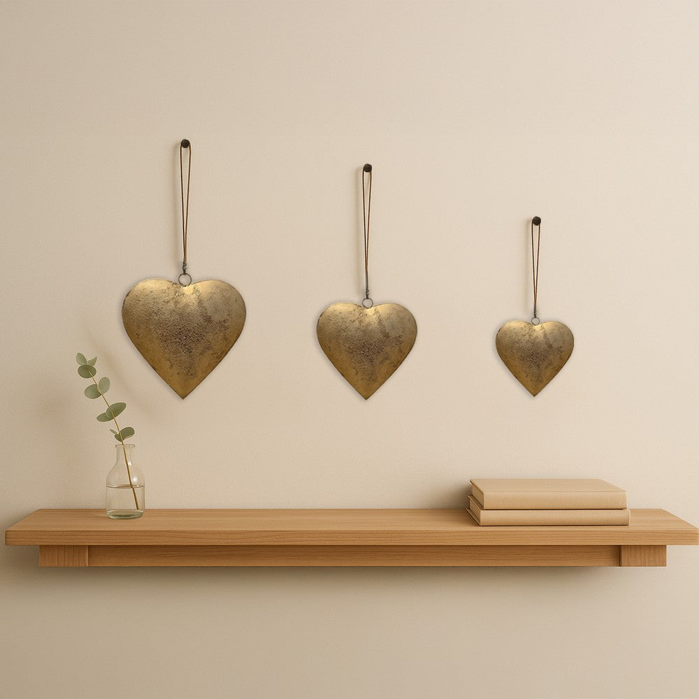 Myri Decorative Metal Heart Wall Decor Set of 3, Antique Gold Iron with Jute Hanging Rope, 12, 9.5, 7 Inches - UPT-331891