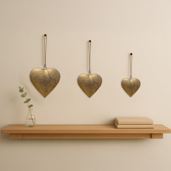 Myri Decorative Metal Heart Wall Decor Set of 3, Antique Gold Iron with Jute Hanging Rope, 12, 9.5, 7 Inches - UPT-331891