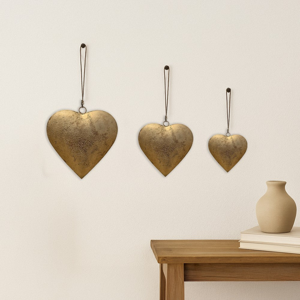 Myri Decorative Metal Heart Wall Decor Set of 3, Antique Gold Iron with Jute Hanging Rope, 12, 9.5, 7 Inches - UPT-331891