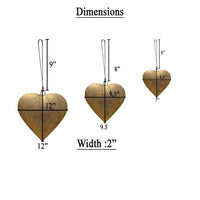 Myri Decorative Metal Heart Wall Decor Set of 3, Antique Gold Iron with Jute Hanging Rope, 12, 9.5, 7 Inches - UPT-331891