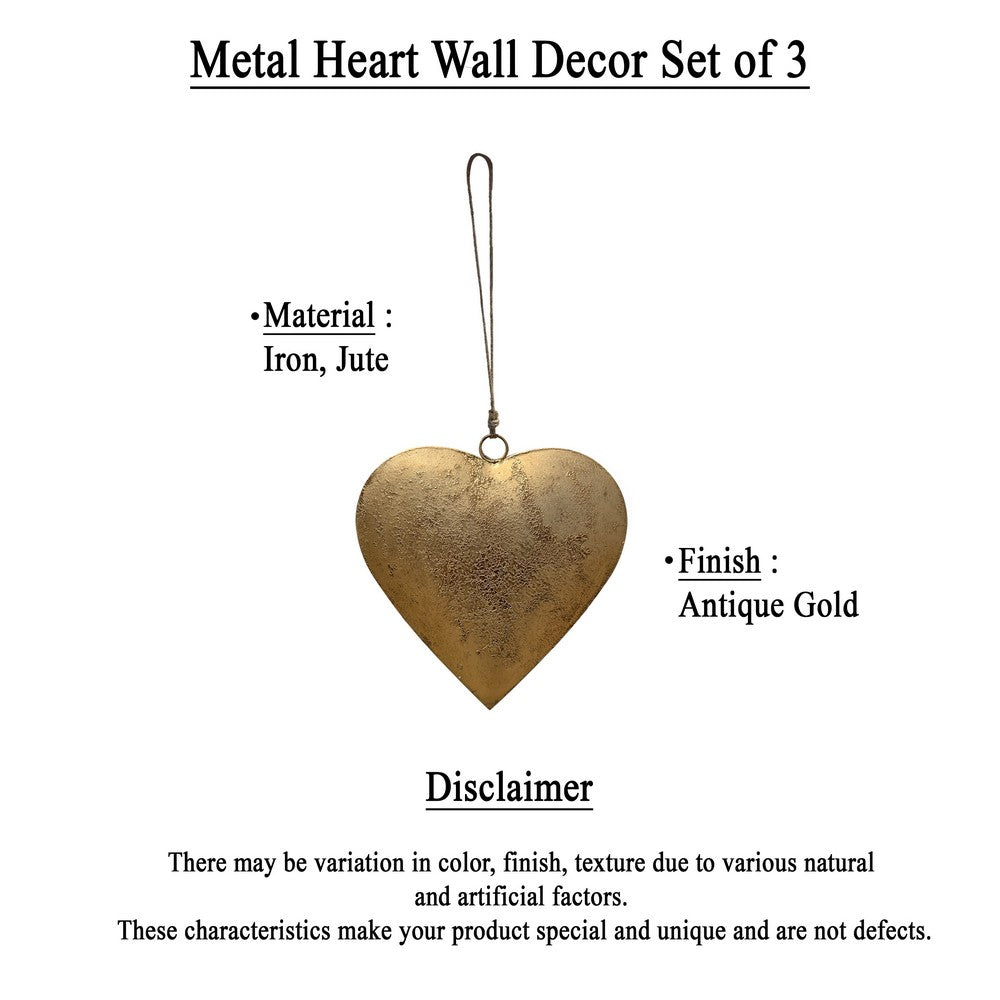 Myri Decorative Metal Heart Wall Decor Set of 3, Antique Gold Iron with Jute Hanging Rope, 12, 9.5, 7 Inches - UPT-331891