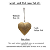 Myri Decorative Metal Heart Wall Decor Set of 3, Antique Gold Iron with Jute Hanging Rope, 12, 9.5, 7 Inches - UPT-331891