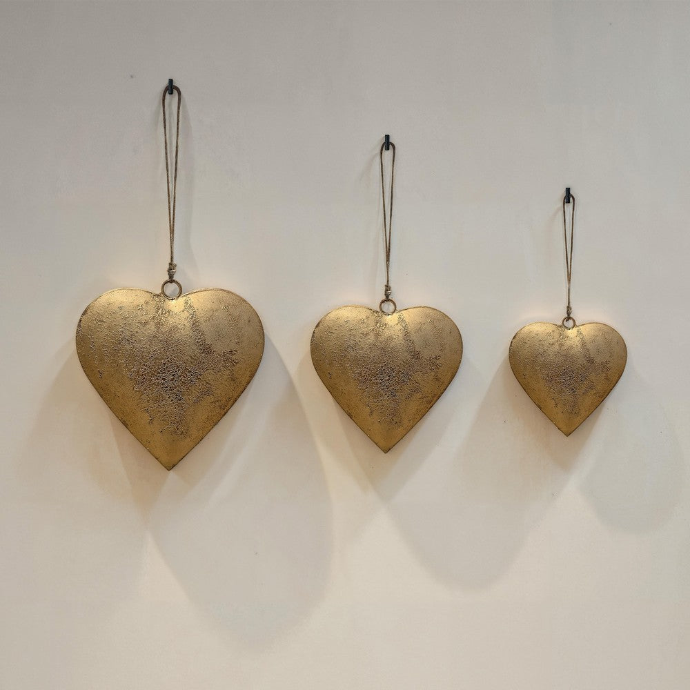 Myri Decorative Metal Heart Wall Decor Set of 3, Antique Gold Iron with Jute Hanging Rope, 12, 9.5, 7 Inches - UPT-331891