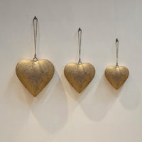 Myri Decorative Metal Heart Wall Decor Set of 3, Antique Gold Iron with Jute Hanging Rope, 12, 9.5, 7 Inches - UPT-331891
