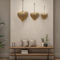 Myri Decorative Metal Heart Wall Decor Set of 3, Antique Gold Iron with Jute Hanging Rope, 12, 9.5, 7 Inches - UPT-331891