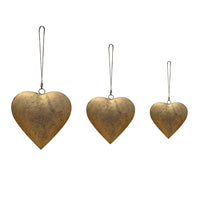 Myri Decorative Metal Heart Wall Decor Set of 3, Antique Gold Iron with Jute Hanging Rope, 12, 9.5, 7 Inches - UPT-331891