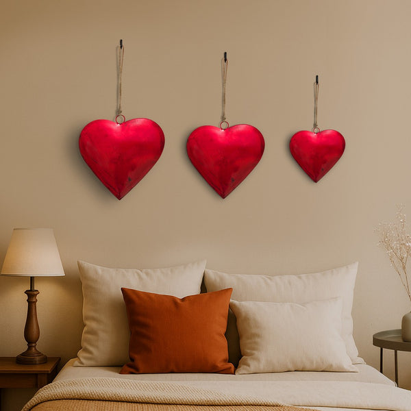 Myri Decorative Metal Heart Wall Decor Set of 3, Classic Red with Jute Hanging Rope, 12, 9.5, 7 Inches - UPT-331892