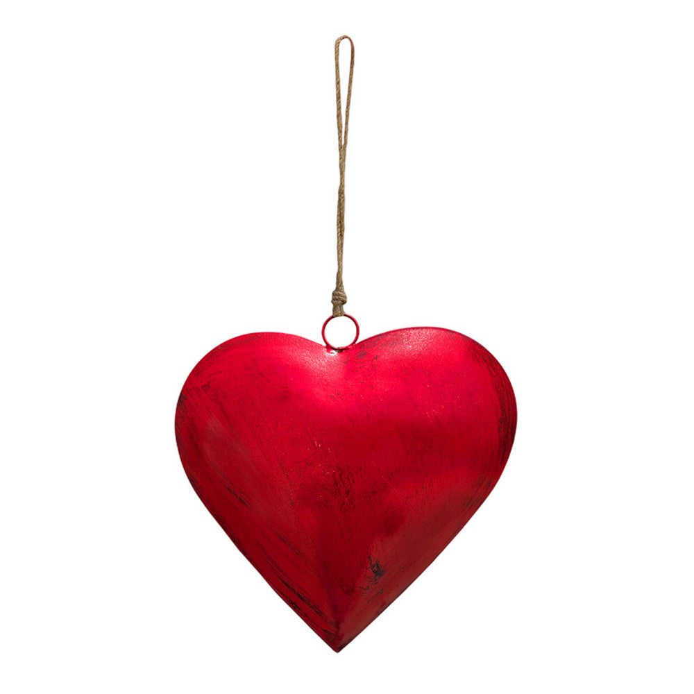 Myri Decorative Metal Heart Wall Decor Set of 3, Classic Red with Jute Hanging Rope, 12, 9.5, 7 Inches - UPT-331892