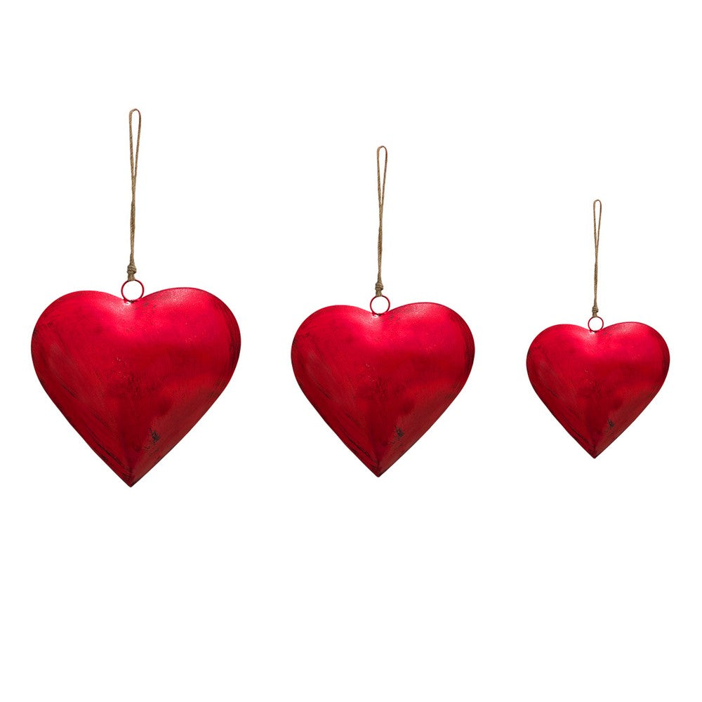 Myri Decorative Metal Heart Wall Decor Set of 3, Classic Red with Jute Hanging Rope, 12, 9.5, 7 Inches - UPT-331892