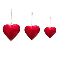 Myri Decorative Metal Heart Wall Decor Set of 3, Classic Red with Jute Hanging Rope, 12, 9.5, 7 Inches - UPT-331892