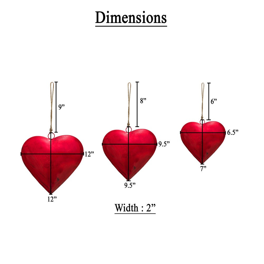 Myri Decorative Metal Heart Wall Decor Set of 3, Classic Red with Jute Hanging Rope, 12, 9.5, 7 Inches - UPT-331892