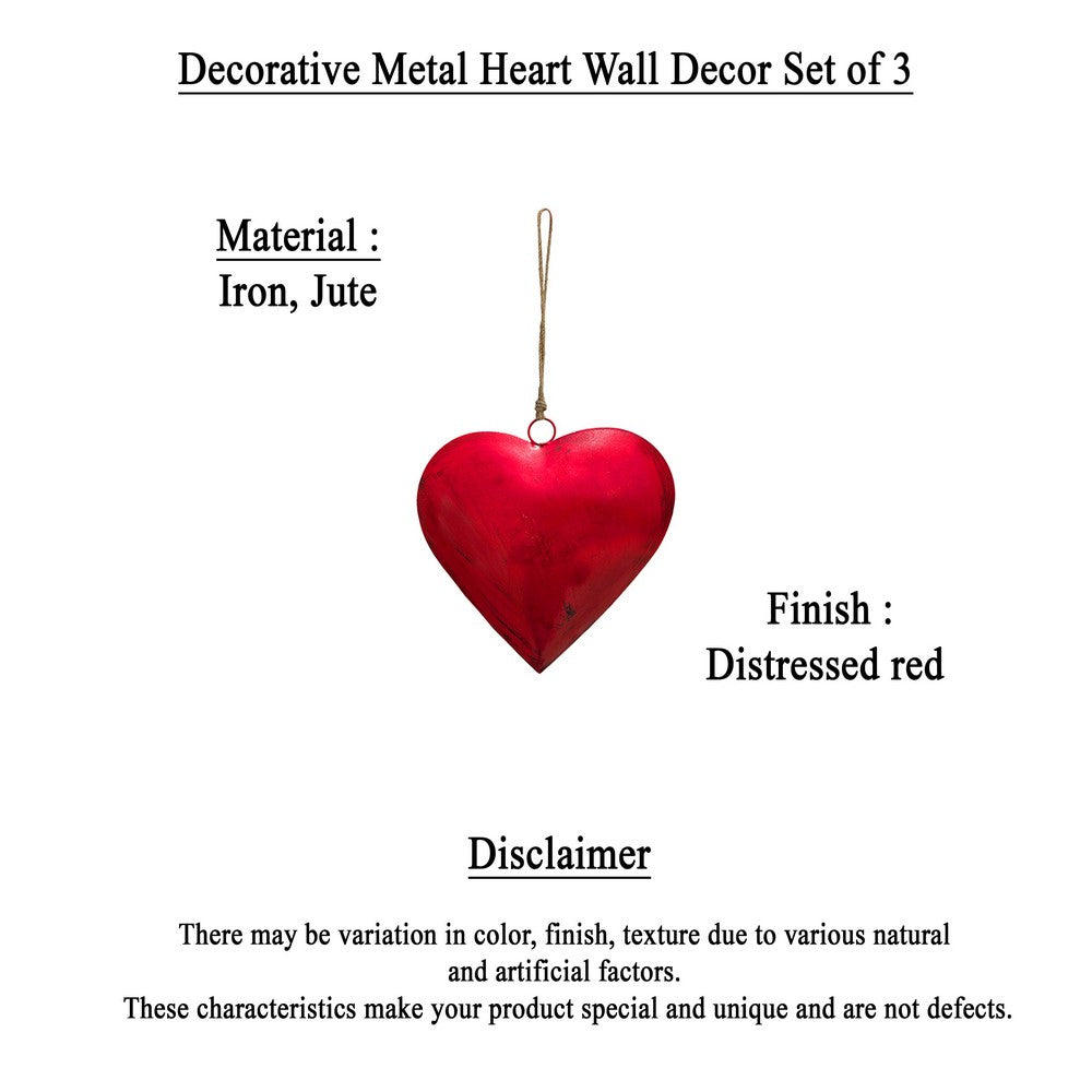 Myri Decorative Metal Heart Wall Decor Set of 3, Classic Red with Jute Hanging Rope, 12, 9.5, 7 Inches - UPT-331892