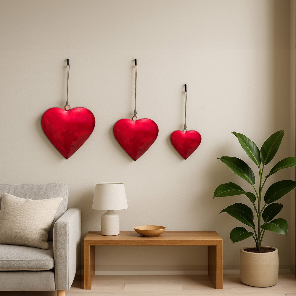 Myri Decorative Metal Heart Wall Decor Set of 3, Classic Red with Jute Hanging Rope, 12, 9.5, 7 Inches - UPT-331892